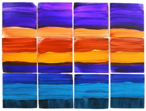 Título: 15.08 | Técnica: Óleo s/ alumínio | Medidas: 75x100 (25x25 cm cada - políptico) | Ano: 2021